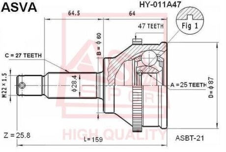 Купити ШРУС НАРУЖНЫЙ 25x60x27 (HYUNDAI SONATA EF 2002-) Hyundai Sonata, Trajet, KIA Magentis ASVA hy-011a47 (фото1) підбір по VIN коду, ціна 2257 грн.