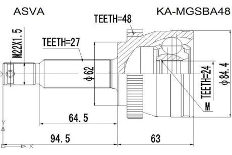 ШРУС НАРУЖНЫЙ 24x62x27 (KIA SPORTAGE 2004-2010) Hyundai Sonata, Trajet, KIA Magentis, Hyundai Coupe, Tucson ASVA ka-mgsba48
