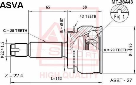 ШРУС НАРУЖНЫЙ 29X57X25 (MITSUBISHI OUTLANDER CU2WCU5W 4WD 2003-) Mitsubishi Outlander ASVA mt-38a43