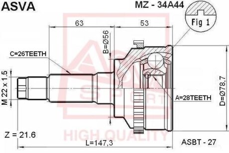 ШРУС НАРУЖНЫЙ 28X56X26 (MAZDA PREMACY CP8 4WD 1999-2005) Mazda 323 ASVA mz34a44
