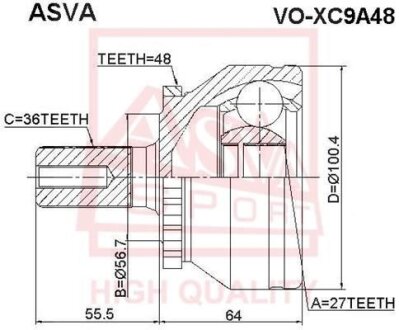 ШРУС НАРУЖНЫЙ 27X56.7X36 (VOLVO XC90 2003-) Volvo 240 (P242, P244), 245, 340, 740, 760, 480, 440, 460, 940, 960, 850 ASVA voxc9a48