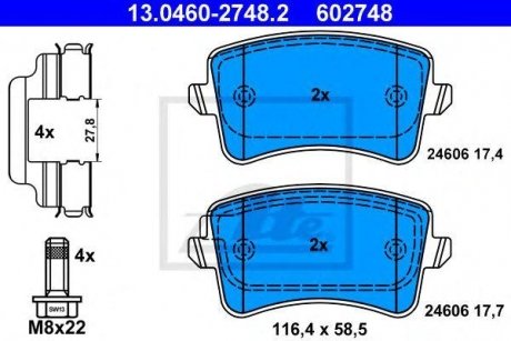 Купить Комплект тормозных колодок, дисковый тормоз Audi A5, Q5, A4, Volkswagen Golf ATE 13.0460-2748.2 (фото1) подбор по VIN коду, цена 2462 грн.