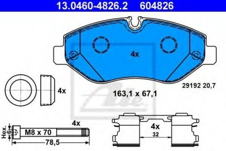 Купити Комплект гальмівних колодок з 4 шт. дисків Mercedes W906, Vito, Volkswagen Crafter, Mercedes W909, V-Class ATE 13046048262 (фото1) підбір по VIN коду, ціна 2123 грн.