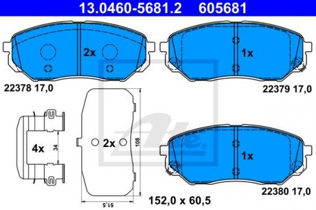 Купити Гальмівні колодки, дискові KIA Sorento ATE 13046056812 (фото1) підбір по VIN коду, ціна 3758 грн.