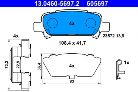 Купити Колодки гальмівні дискові, Комплект Subaru Impreza, Forester, Legacy, Outback ATE 13046056972 (фото1) підбір по VIN коду, ціна 2053 грн.