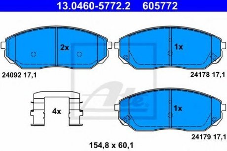 Купити ГАЛЬМІВНІ КОЛОДКИ, ДИСКОВІ KIA Sorento ATE 13046057722 (фото1) підбір по VIN коду, ціна 2916 грн.