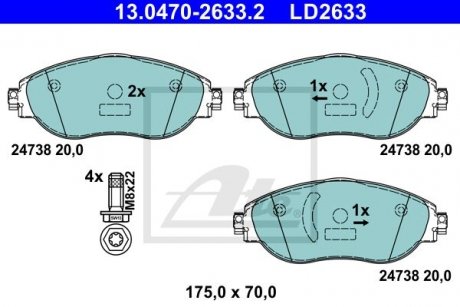 Комплект гальмівних колодок з 4 шт. дисків Audi A3 ATE 13047026332