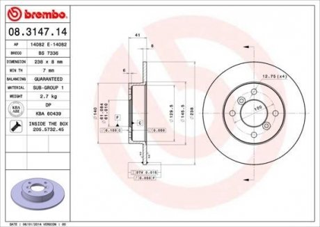 Купити Гальмівний диск Renault Twingo, Clio BREMBO 08.3147.14 (фото1) підбір по VIN коду, ціна 813 грн.