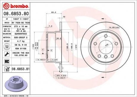 Купити Гальмівний диск BREMBO 08.6853.81 (фото1) підбір по VIN коду, ціна 1851 грн.