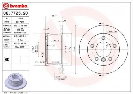 Купити Гальмівний диск Mercedes G-Class, W901, W902, W903, Volkswagen LT, Mercedes W904, W909 BREMBO 08.7725.20 (фото1) підбір по VIN коду, ціна 1837 грн.