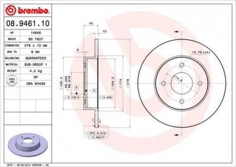 Купить Тормозной диск Nissan Primera BREMBO 08.9461.10 (фото1) подбор по VIN коду, цена 1574 грн.