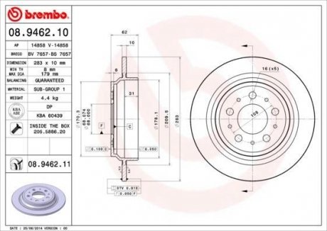 Купить Тормозной диск Volvo V70, XC70 BREMBO 08.9462.11 (фото1) подбор по VIN коду, цена 1954 грн.