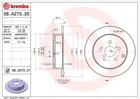 Тормозной диск Toyota Celica, Prius BREMBO 08.A273.21