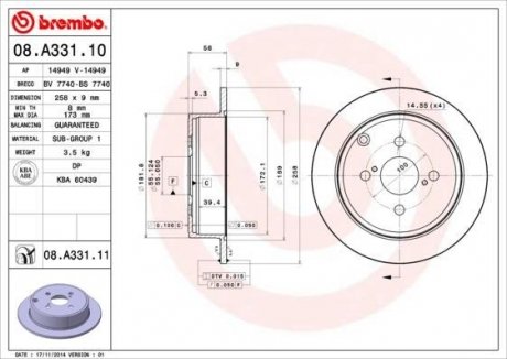 Купити Диск гальмівний Toyota Corolla BREMBO 08.A331.10 (фото1) підбір по VIN коду, ціна 1420 грн.