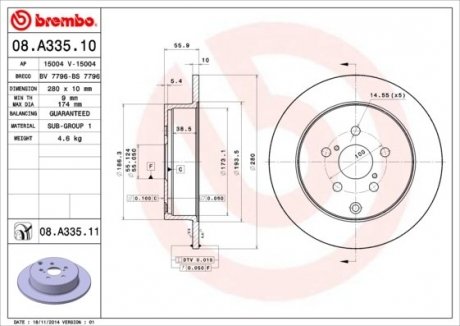 Купить Тормозной диск Toyota Avensis BREMBO 08.A335.11 (фото1) подбор по VIN коду, цена 2168 грн.