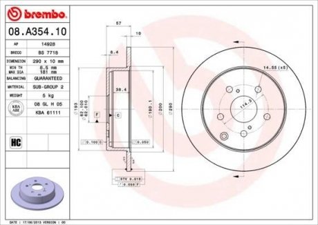 Купити Гальмівний диск Toyota Corolla BREMBO 08.A354.10 (фото1) підбір по VIN коду, ціна 1928 грн.