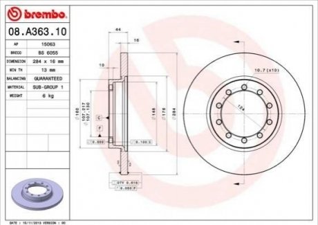 Купити Гальмівний диск Ford Transit BREMBO 08.A363.10 (фото1) підбір по VIN коду, ціна 2488 грн.