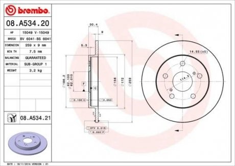 Купити Гальмівний диск Toyota Corolla, Auris BREMBO 08.A534.20 (фото1) підбір по VIN коду, ціна 1834 грн.