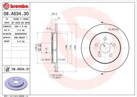 Купить Тормозной диск Toyota Verso, Prius BREMBO 08.A534.31 (фото1) подбор по VIN коду, цена 1628 грн.