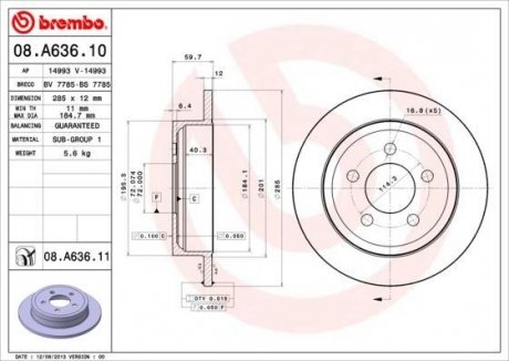 Купити Гальмівний диск Jeep Wrangler, Cherokee BREMBO 08.A636.10 (фото1) підбір по VIN коду, ціна 2203 грн.