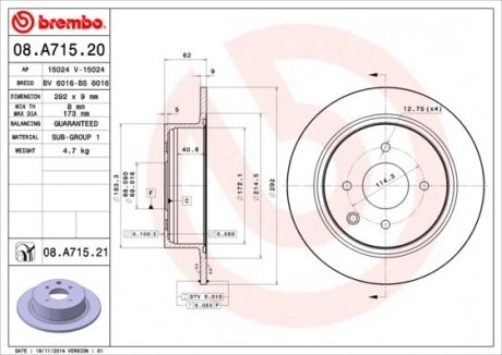 Купити Гальмівний диск Nissan Tiida BREMBO 08.A715.21 (фото1) підбір по VIN коду, ціна 2642 грн.