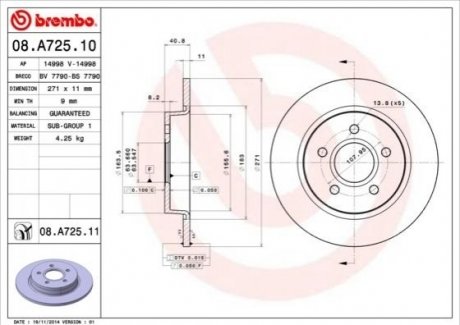 Купити Диск гальмівний Ford Focus BREMBO 08.A725.11 (фото1) підбір по VIN коду, ціна 1501 грн.