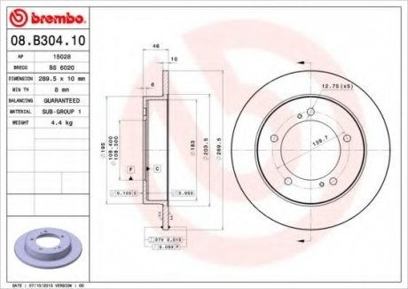 Купить Тормозной диск SUZUKI Jimny F D 289mm 98- Suzuki Jimny BREMBO 08.B304.10 (фото1) подбор по VIN коду, цена 2143 грн.