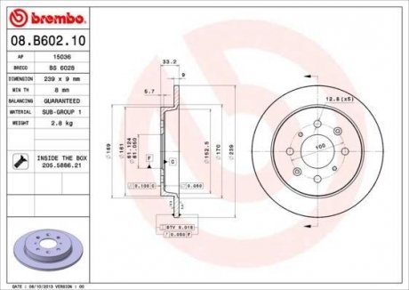 Купить Тормозной диск Honda Jazz BREMBO 08.B602.10 (фото1) подбор по VIN коду, цена 1064 грн.