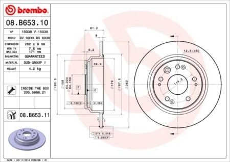 Купити Гальмівний диск Honda Accord BREMBO 08.B653.11 (фото1) підбір по VIN коду, ціна 2960 грн.