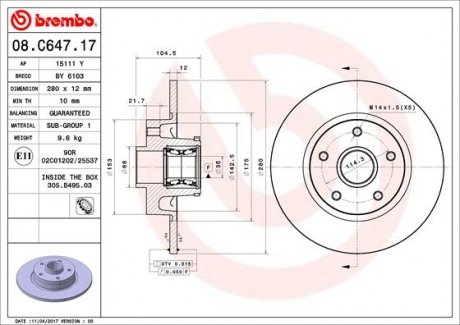 Купити Гальмівний диск Renault Trafic, Opel Vivaro BREMBO 08.C647.17 (фото1) підбір по VIN коду, ціна 6742 грн.