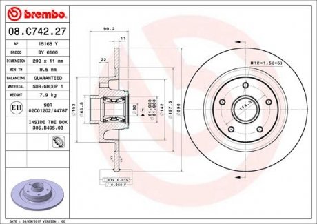 Купить Тормозной диск Renault Megane, Scenic, Grand Scenic BREMBO 08.C742.27 (фото1) подбор по VIN коду, цена 5068 грн.