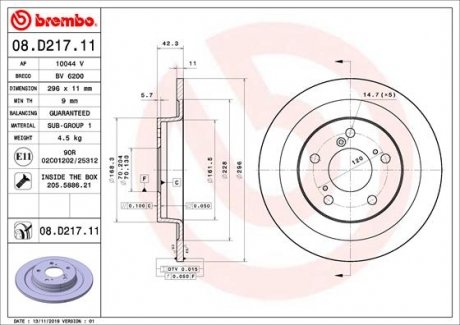 Купити Гальмівний диск BREMBO 08.D217.11 (фото1) підбір по VIN коду, ціна 2540 грн.