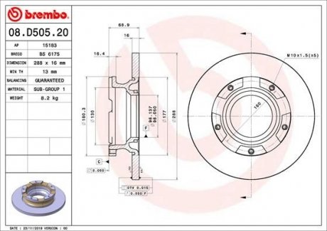 Купити Гальмівний диск BREMBO 08.D505.20 (фото1) підбір по VIN коду, ціна 3602 грн.