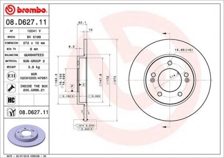 Купить Тормозной диск BREMBO 08.D627.11 (фото1) подбор по VIN коду, цена 2464 грн.