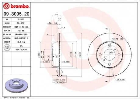 Купить Тормозной диск BREMBO 09.3095.20 (фото1) подбор по VIN коду, цена 1703 грн.