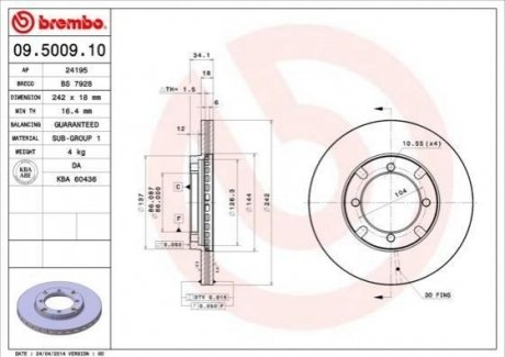 Купить Диск тормозной Mitsubishi Colt, Lancer, Galant BREMBO 09.5009.10 (фото1) подбор по VIN коду, цена 1573 грн.