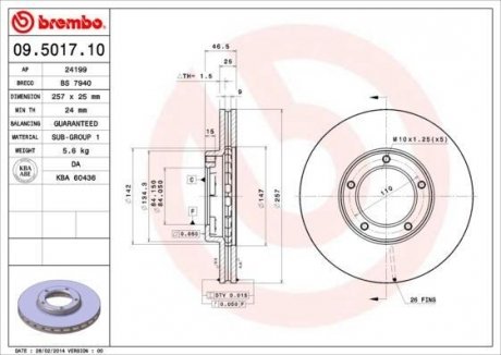 Купить Тормозной диск Toyota Hilux BREMBO 09.5017.10 (фото1) подбор по VIN коду, цена 1992 грн.