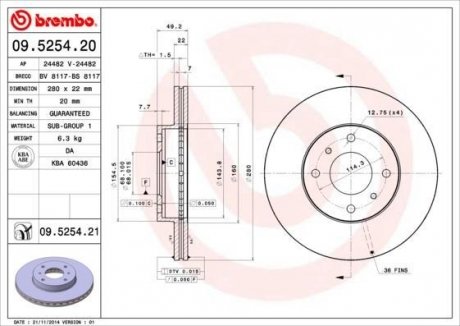 Купить Тормозной диск Nissan Primera, Almera BREMBO 09.5254.20 (фото1) подбор по VIN коду, цена 1735 грн.