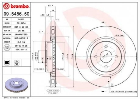 Купити Гальмівний диск Ford Focus BREMBO 09.5486.50 (фото1) підбір по VIN коду, ціна 3499 грн.