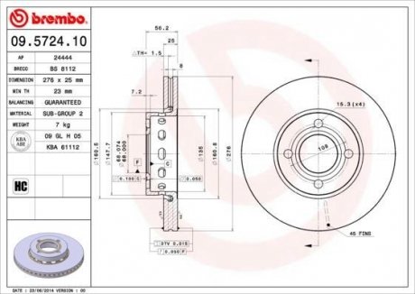 Купить Тормозной диск Audi 80 BREMBO 09.5724.10 (фото1) подбор по VIN коду, цена 3722 грн.