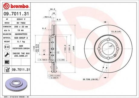 Купить Тормозной диск BREMBO 09.7011.31 (фото1) подбор по VIN коду, цена 3088 грн.