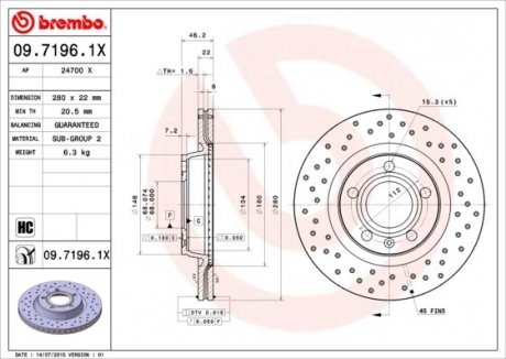 Купить Тормозной диск Audi A4, Volkswagen Passat BREMBO 09.7196.1X (фото1) подбор по VIN коду, цена 4204 грн.