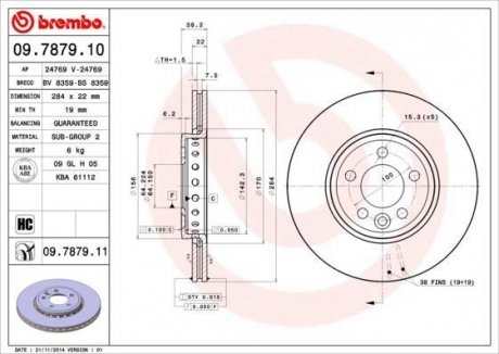 Купить Тормозной диск BREMBO 09.7879.11 (фото1) подбор по VIN коду, цена 2141 грн.