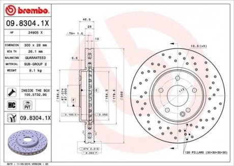 Купить Тормозной диск Mercedes W210, S210, CLK-Class BREMBO 09.8304.1X (фото1) подбор по VIN коду, цена 3550 грн.