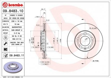 Купити Гальмівний диск Skoda Fabia, Volkswagen Polo BREMBO 09.8483.11 (фото1) підбір по VIN коду, ціна 1441 грн.