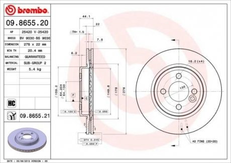 Купити Гальмівний диск Mini Cooper BREMBO 09.8655.21 (фото1) підбір по VIN коду, ціна 2296 грн.