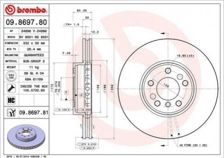 Купити Диск гальмівний BMW X5, X3 BREMBO 09.8697.81 (фото1) підбір по VIN коду, ціна 2265 грн.