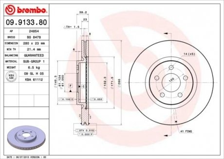 Купить Тормозной диск BREMBO 09.9133.81 (фото1) подбор по VIN коду, цена 2602 грн.