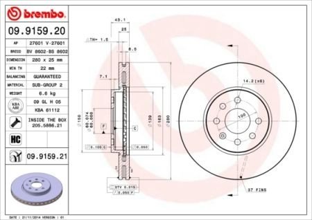 Купить Диск тормозной Opel Astra BREMBO 09.9159.21 (фото1) подбор по VIN коду, цена 1933 грн.