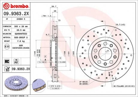 Тормозной диск Alfa Romeo Giulietta, 159, Brera BREMBO 09.9363.2X